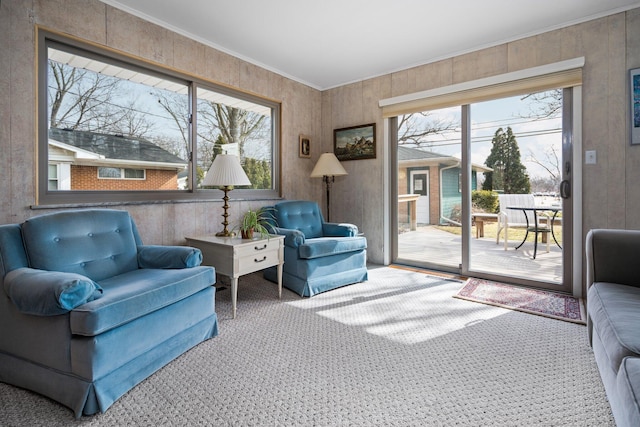 sitting room with carpet and ornamental molding