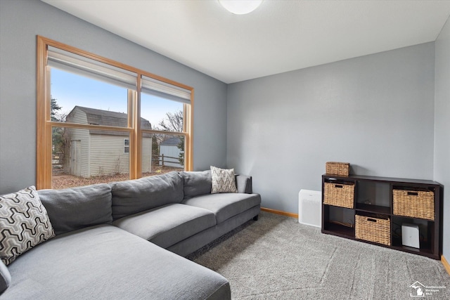 living area featuring carpet floors and baseboards