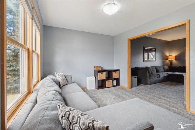 living room with carpet and baseboards