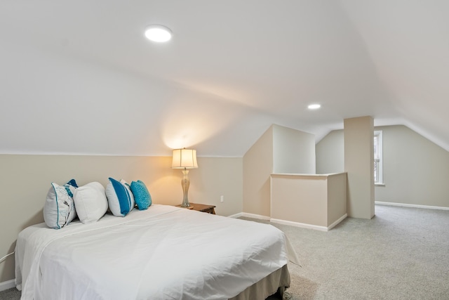 bedroom featuring recessed lighting, baseboards, light colored carpet, and lofted ceiling