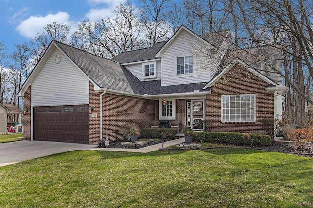 traditional-style home featuring brick siding, a shingled roof, concrete driveway, an attached garage, and a front yard