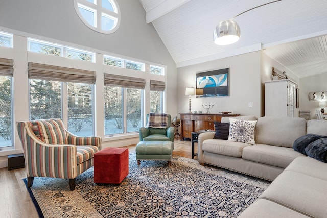 living area with high vaulted ceiling, wood finished floors, and beam ceiling