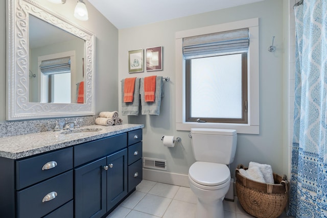 full bath featuring visible vents, baseboards, toilet, tile patterned flooring, and vanity