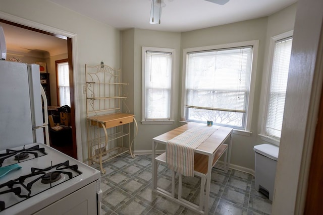 kitchen featuring a healthy amount of sunlight, white appliances, and baseboards