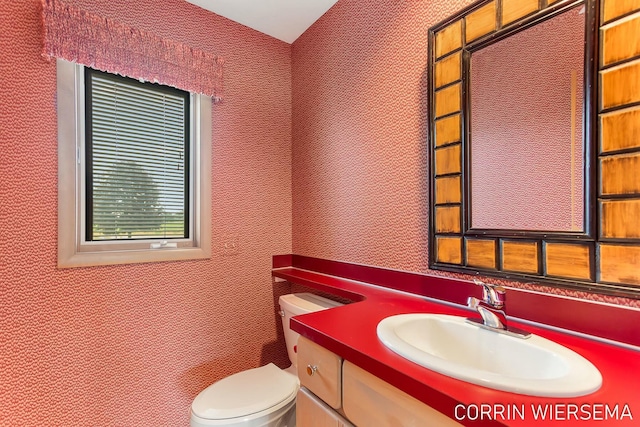 bathroom with toilet, a textured wall, and vanity