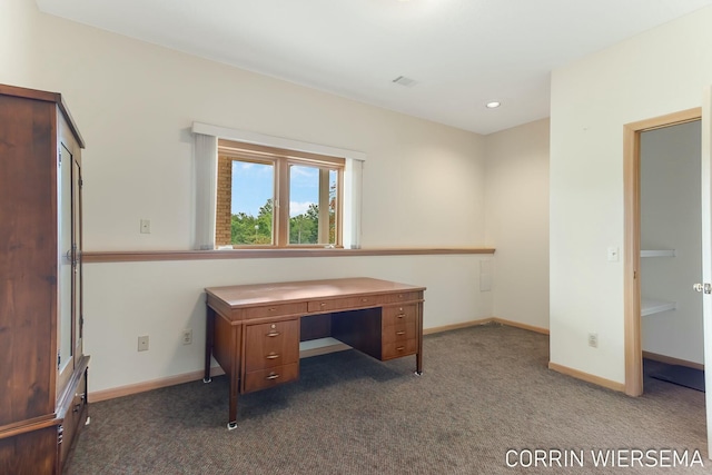 unfurnished office featuring carpet floors, recessed lighting, visible vents, and baseboards