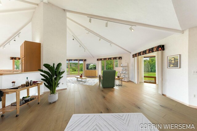 interior space featuring high vaulted ceiling, light wood finished floors, rail lighting, and baseboards