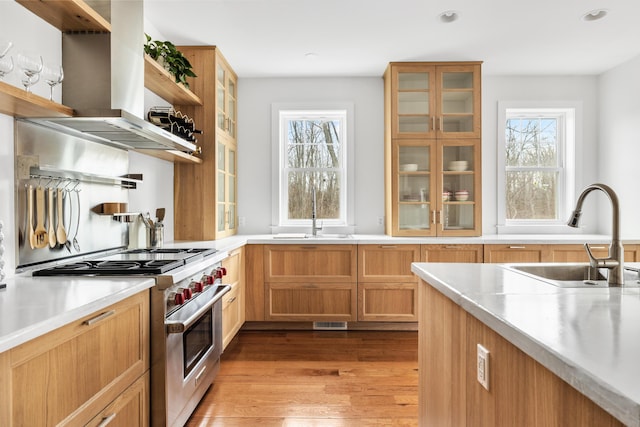 kitchen featuring island range hood, high end stainless steel range oven, a sink, and open shelves