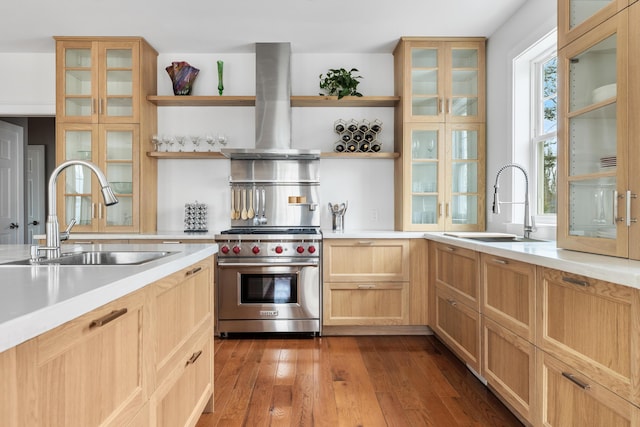 kitchen with a sink, open shelves, premium range, and island exhaust hood