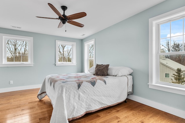 bedroom with light wood-type flooring, visible vents, ceiling fan, and baseboards