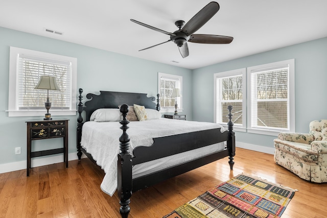 bedroom featuring a ceiling fan, wood finished floors, visible vents, and baseboards