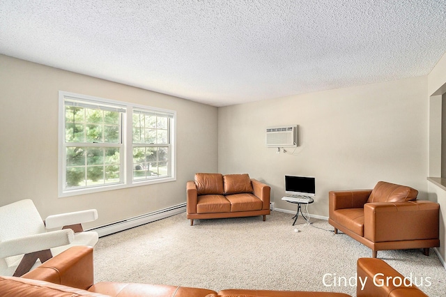 living area with a textured ceiling, carpet floors, a baseboard radiator, and a wall unit AC