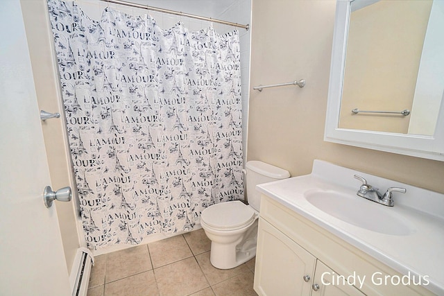 bathroom featuring curtained shower, toilet, a baseboard heating unit, vanity, and tile patterned floors