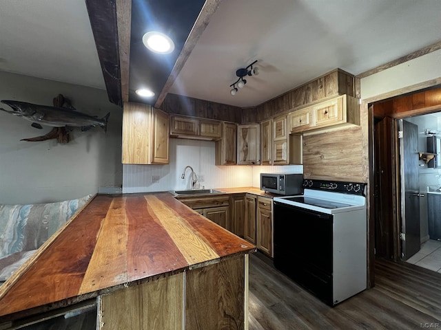 kitchen featuring dark wood-style floors, butcher block counters, stainless steel microwave, a sink, and range with electric stovetop