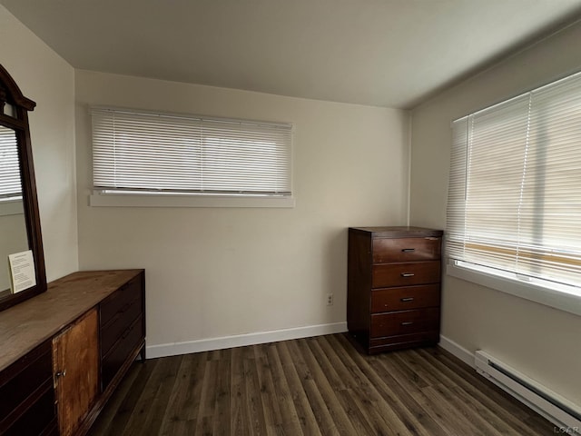 11698 Elm Park Dr, Manitou Beach, MI 49253 - unfurnished bedroom with a baseboard heating unit, dark wood-style flooring, and multiple windows