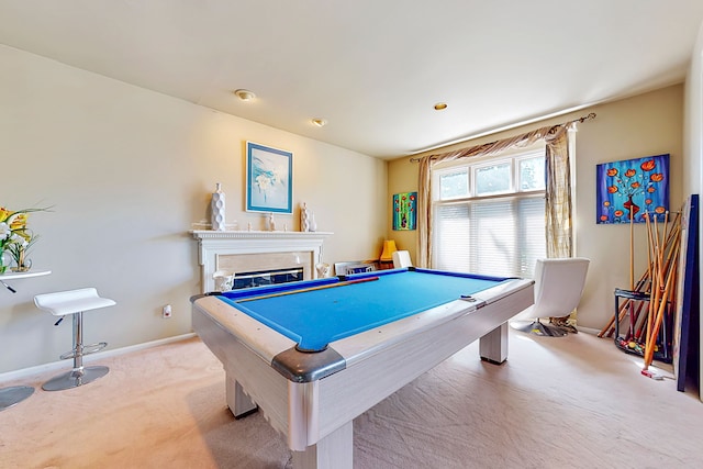 recreation room featuring billiards, a fireplace, carpet flooring, and baseboards