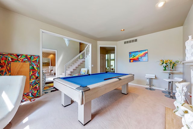 rec room featuring recessed lighting, visible vents, billiards, and light carpet