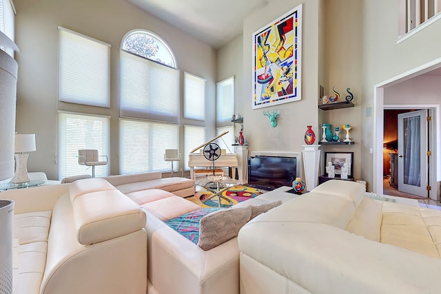 living area with a glass covered fireplace and a towering ceiling