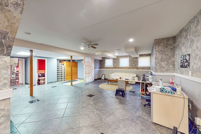 interior space with recessed lighting, wainscoting, ceiling fan, and wallpapered walls