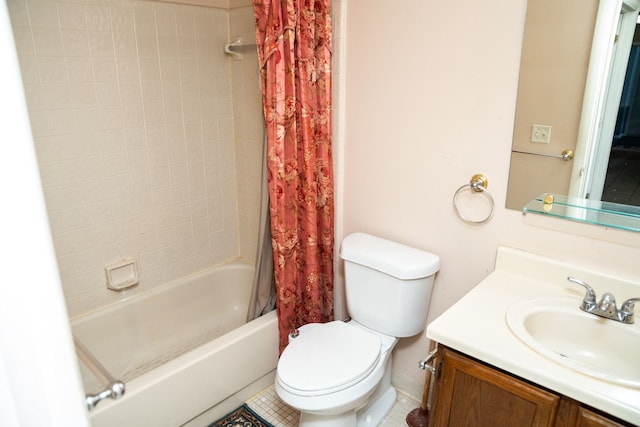 bathroom featuring shower / bath combination with curtain, vanity, and toilet