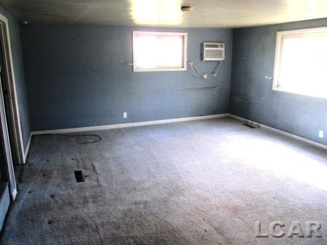 carpeted spare room with a wall unit AC, baseboards, and a wealth of natural light