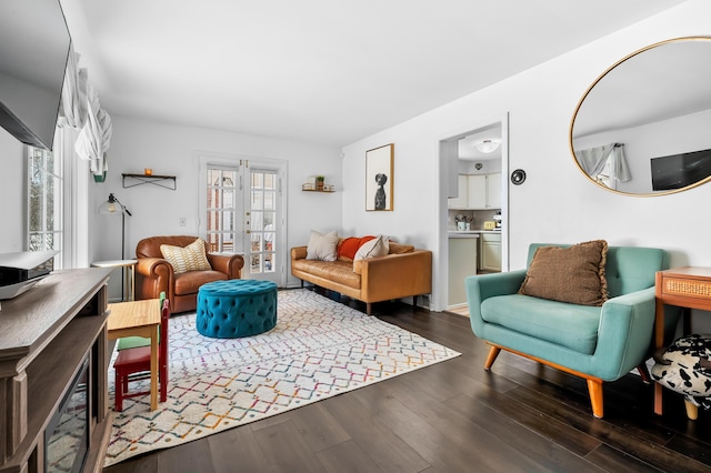 living area featuring french doors and wood finished floors