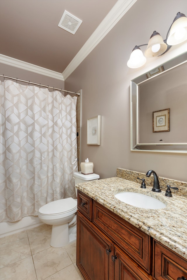 full bathroom featuring visible vents, a shower with shower curtain, toilet, ornamental molding, and vanity