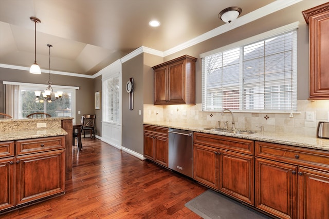 kitchen featuring dark wood-style floors, dishwasher, decorative backsplash, and a sink