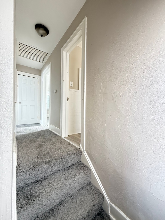 hall with baseboards, visible vents, carpet flooring, and a textured wall