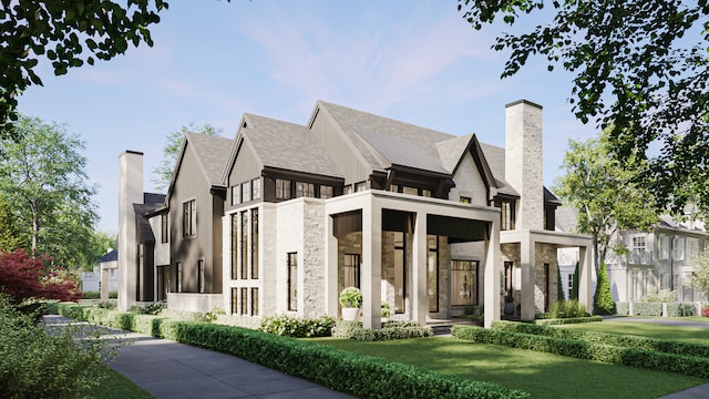 exterior space featuring stone siding and a chimney