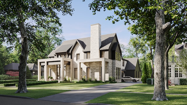 view of front facade featuring stone siding and a front lawn