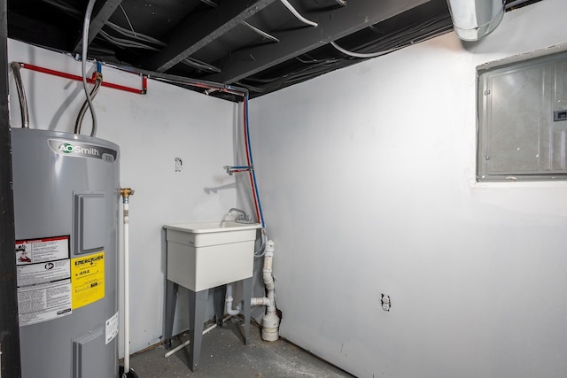 unfinished below grade area with electric panel and water heater