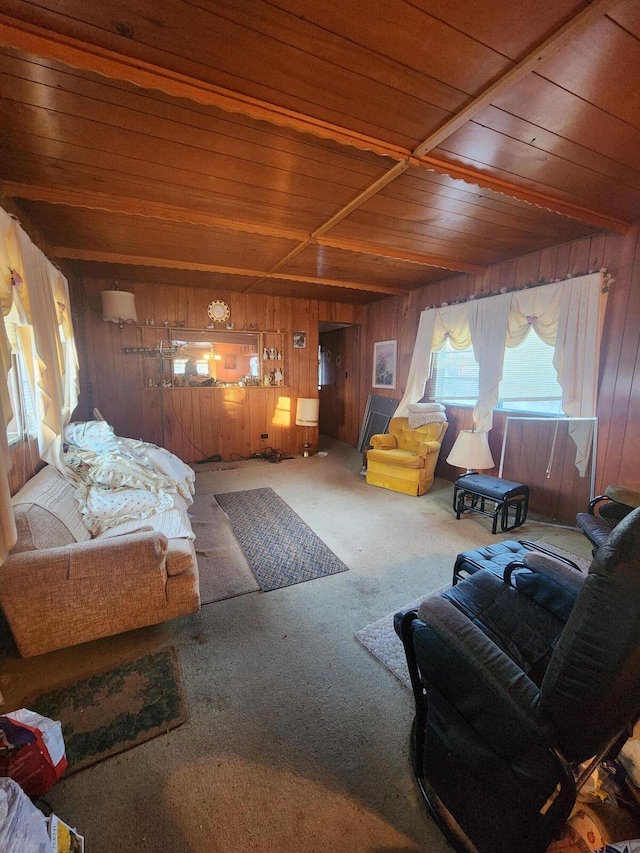 interior space with wooden ceiling, wooden walls, and carpet flooring