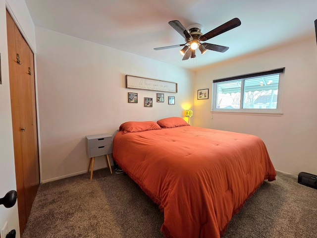 bedroom with ceiling fan and carpet flooring