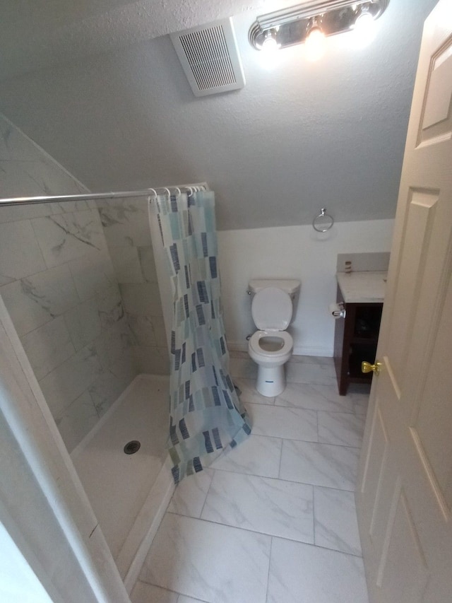 full bath with toilet, visible vents, baseboards, marble finish floor, and a shower stall