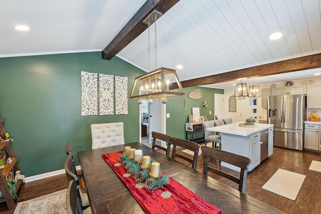 dining room with vaulted ceiling with beams, dark wood-style floors, baseboards, and recessed lighting