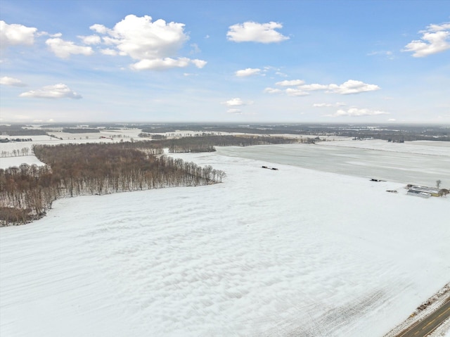 snowy aerial view featuring a water view