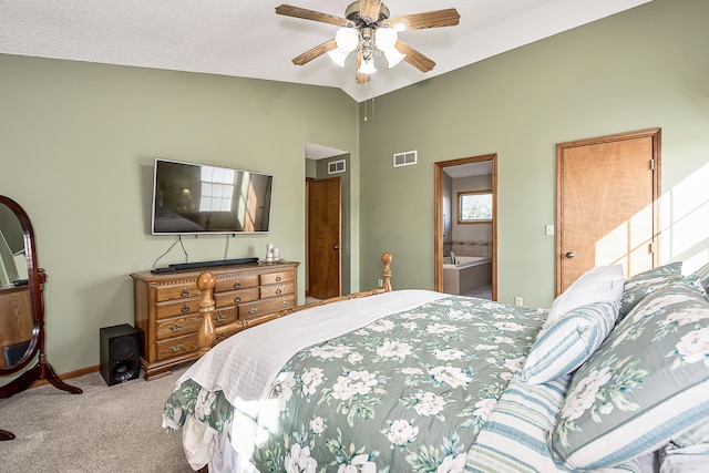 bedroom featuring visible vents, baseboards, ceiling fan, carpet, and vaulted ceiling