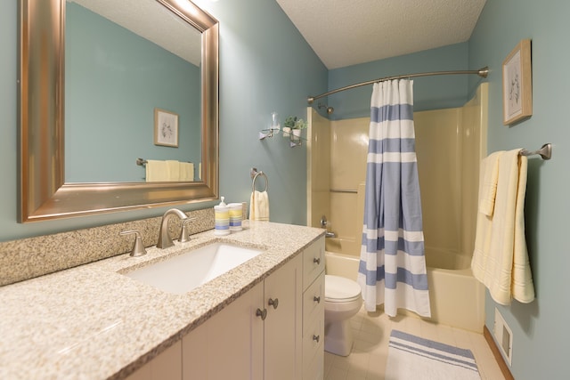 bathroom featuring visible vents, toilet, shower / tub combo with curtain, tile patterned flooring, and a textured ceiling