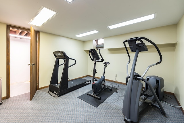 exercise area featuring carpet and baseboards