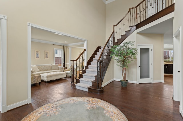 entrance foyer with wood finished floors, a towering ceiling, and baseboards