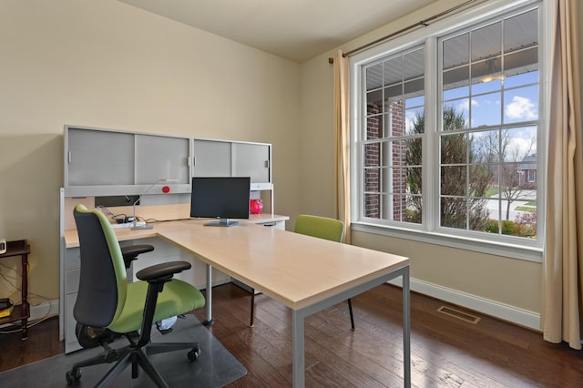 home office featuring dark wood-type flooring, visible vents, and baseboards