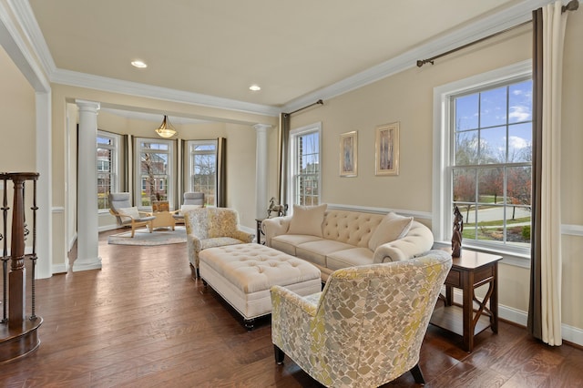 living room with dark wood-type flooring, a healthy amount of sunlight, decorative columns, and crown molding