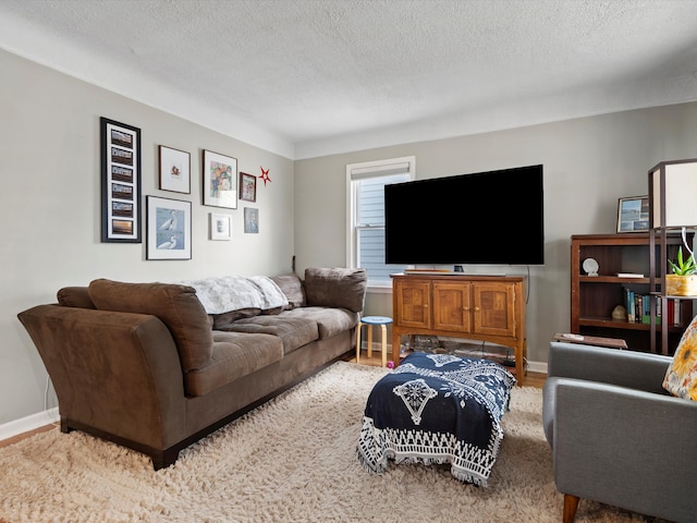 living room featuring a textured ceiling, baseboards, and wood finished floors