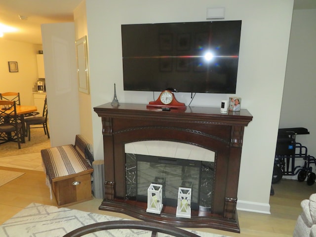 living room with wood finished floors and a glass covered fireplace