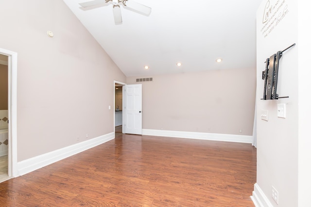 spare room featuring recessed lighting, visible vents, ceiling fan, wood finished floors, and baseboards