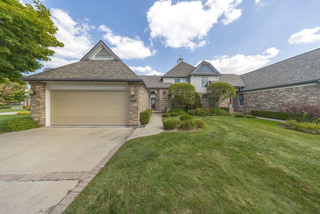 view of front of property with a garage, a front yard, concrete driveway, and brick siding