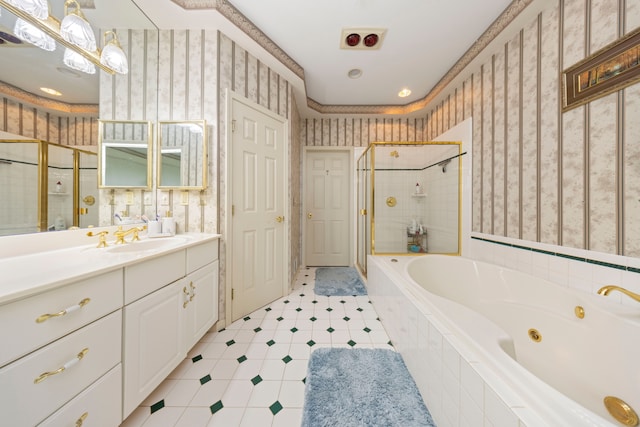 full bathroom with visible vents, a shower stall, a tub with jets, and wallpapered walls