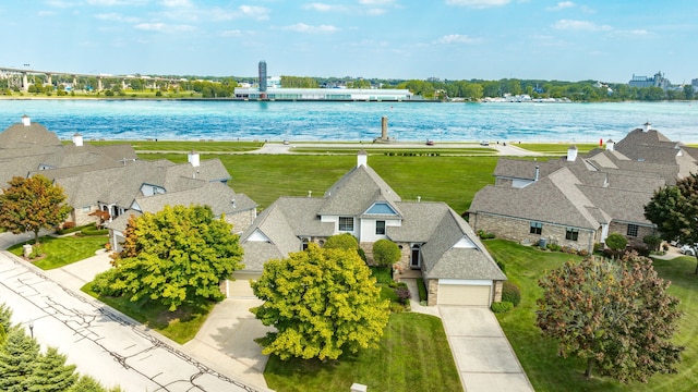 drone / aerial view featuring a water view