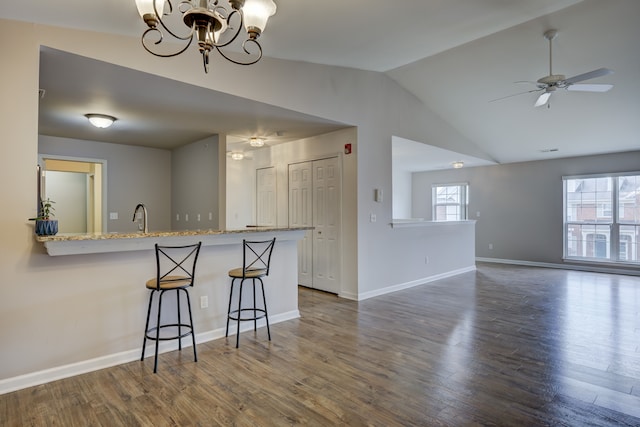 kitchen featuring dark wood-type flooring, baseboards, and a kitchen bar